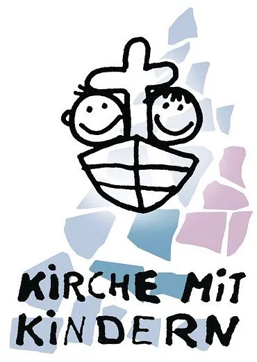 „Kirche mit Kindern“ mit lächelnden Gesichtern und Kreuz.
