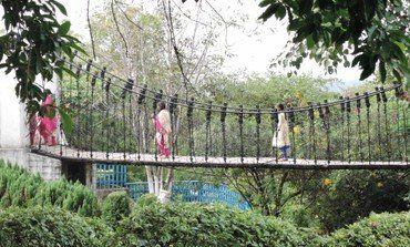 Personen gehen über eine Hängebrücke in einer Parklandschaft.