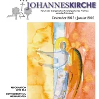 Here are the alt text descriptions for the image: English: Johanneskirche publication cover with angel watercolor, "December 2015/January 2016". German: Titelbild der Johanneskirche-Publikation mit Engel-Aquarell, „Dezember 2015/Januar 2016“.