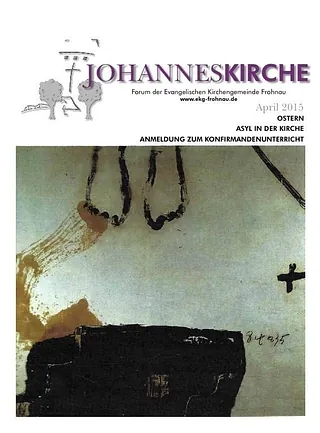 Titelbild der Johanneskirche-Publikation mit abstraktem Gemälde von Füßen und Kreuz, April 2015.