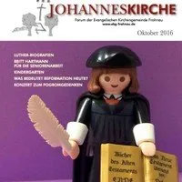 Titelbild der Johanneskirche-Publikation mit Playmobil Martin Luther Figur, Oktober 2016.