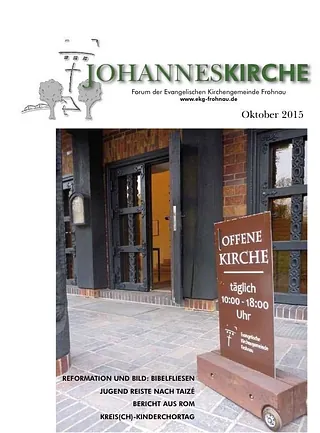 Titelbild der Johanneskirche-Publikation mit „Offene Kirche“-Schild, Oktober 2015.