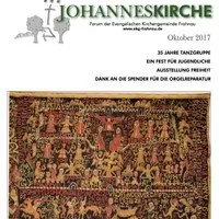 Titelbild der Johanneskirche-Publikation mit detailliertem Wandteppich, Oktober 2017.