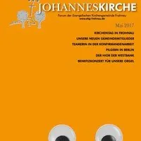 Titelbild der Johanneskirche-Publikation mit Kulleraugen auf orangefarbenem Hintergrund, Mai 2017.